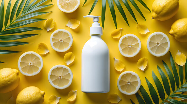 An AI-generated vibrant flat lay showcases a pristine white pump bottle, possibly containing lemon essential oil infused lotion or soap, surrounded by fresh, juicy lemon halves - Powered by Adobe