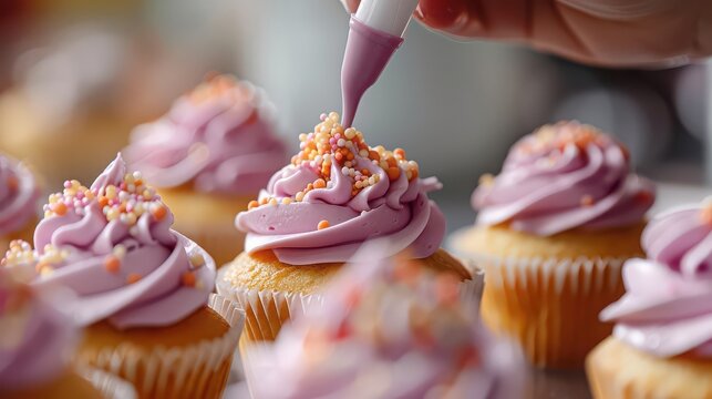 Decorating cupcakes with purple frosting and colorful sprinkles for a sweet treat delight