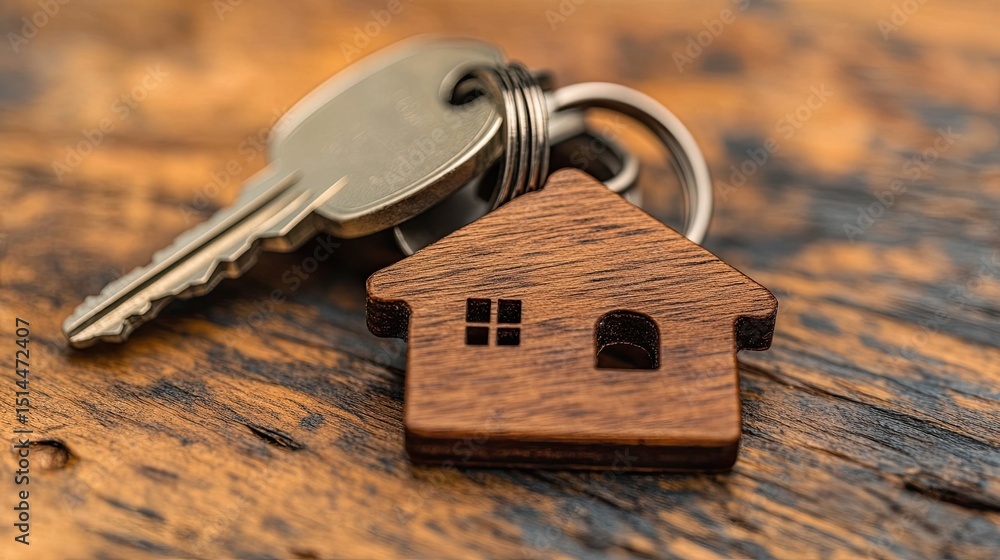 Poster close up of a house shaped keychain with a key on a wooden surface with shallow depth of field