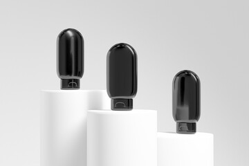 black Oval shape bottle mockup, Upside Down Squeeze Lotion Bottle with Flip Top Cap packagings, inverted shampoo bottle mockup, slim cylindrical squeeze bottle personal care product container