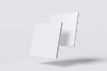 White front and back view of square cover book with grey background color for mockup template