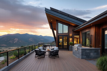 Mountain view deck with outdoor kitchen at sunset