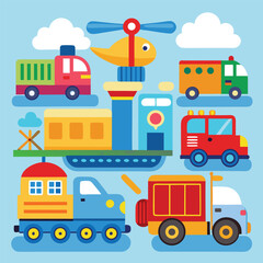 Colorful Cartoon Transportation Vehicles Set Against Light Blue Background with Clouds