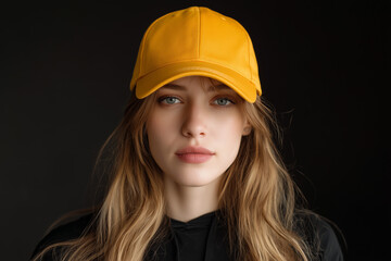 mockup close up photo of american woman wearing plain yellow cap, black studio background. Ai generated images