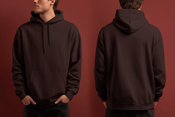 Mockup, plain brown oversized hoodie front and back, isolated on maroon photo studio background, Ai generated images