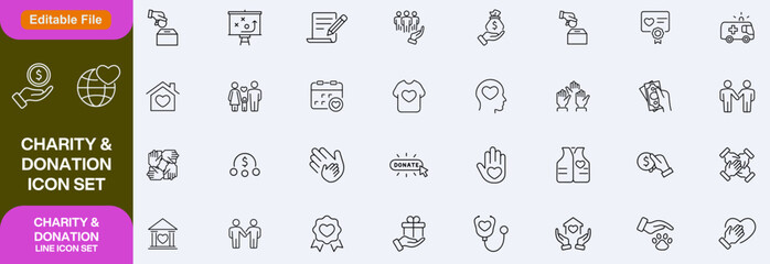 Charity and Donation set of web icons in line style. Volunteering and donation icons for web and mobile app. Help, caring, solidarity, alms, donate, volunteer, care, charity and more. Editable stroke