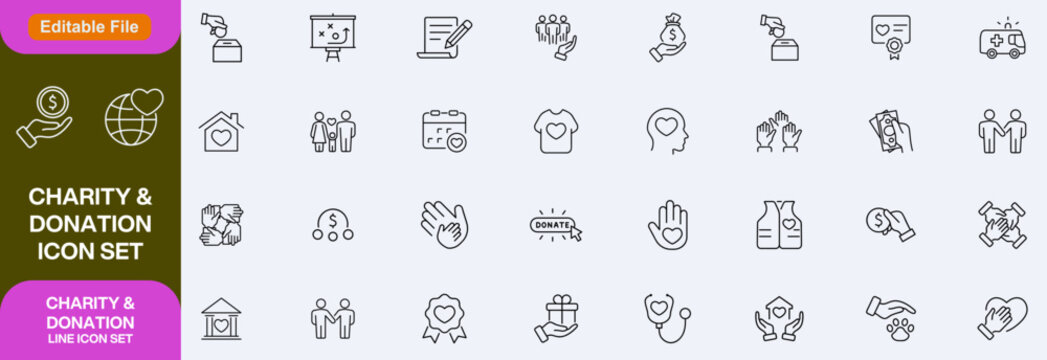 Charity and Donation set of web icons in line style. Volunteering and donation icons for web and mobile app. Help, caring, solidarity, alms, donate, volunteer, care, charity and more. Editable stroke