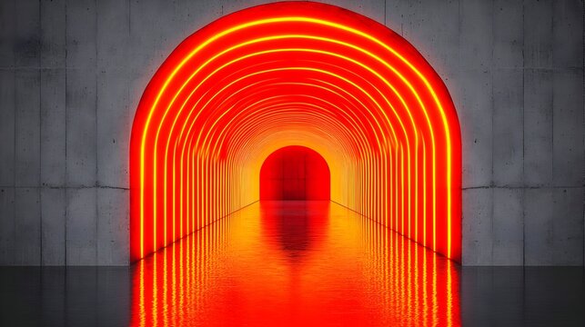 Fototapeta Reflective orange neon archway tunnel in a concrete setting