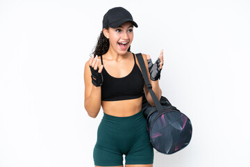 Young sport woman with sport bag isolated on white background with surprise facial expression
