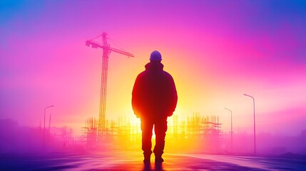 Silhouetted construction worker facing a vibrant sunrise and partially obscured construction site in a misty atmosphere