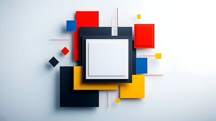 A white square framed in black, sits amongst layered red, blue, yellow, and black squares and diamonds on a white background, creating a geometric, abstract composition
