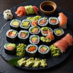 "A close-up of sushi rolls neatly arranged on a black slate plate, including salmon, tuna, and avocado, with wasabi, pickled ginger, and soy sauce on the side."