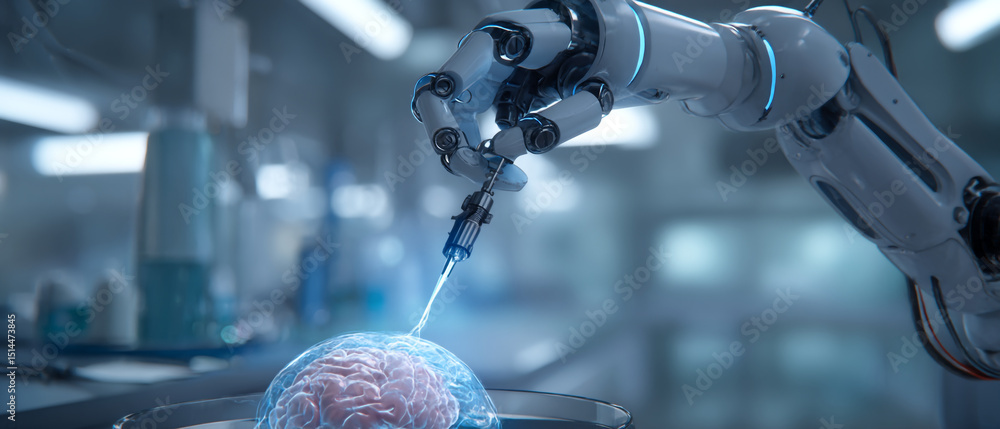 Poster robotic arm injecting a human brain in a futuristic lab setting with advanced technology present