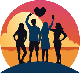 Fototapeta premium Summer Beach Vacation Silhouettes with Palm Trees and Surfboards, Relaxing Beach, Minimal Summer Treats Silhouettes with Ice Cream, Watermelon, and Lemonade