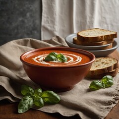 "A bowl of creamy tomato soup with a swirl of cream and fresh basil leaves on top, served with crispy garlic bread on a linen napkin."
