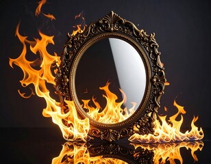 Ornate mirror framed by fire