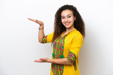 Young Arab woman isolated on white background holding copyspace to insert an ad