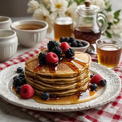 "A stack of golden-brown pancakes topped with melting butter, fresh berries, and maple syrup dripping down the sides, on a white plate over a checkered tablecloth."
