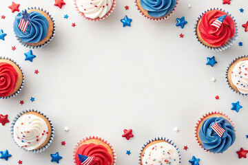 Patriotically Decorated Cupcakes Arranged in a Border on a White Background