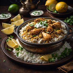 "A sizzling plate of chicken biryani served with raita and lemon wedges, garnished with coriander leaves, steam rising and rich spices visible in the fluffy rice."