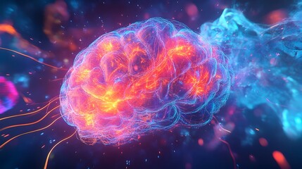 Glowing Neural Network Brain with Pulsing Synaptic Bursts of Vibrant Neon Colors in Digital Art