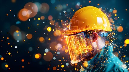 Energetic sparks erupt from a construction worker's face shield, set against a bokeh backdrop