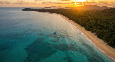 Naklejka premium Aerial beach ocean sea tropical island sunset paradise coast travel summer