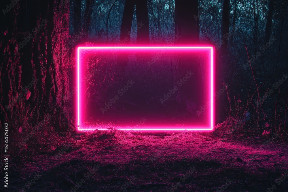 Poster neon rectangular frame glowing in a dark forest under moonlight, rectangular neon shimmering luminou