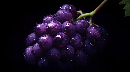 Closeup of a Single Lush Purple Wine Grape Cluster with Glistening Water Droplets