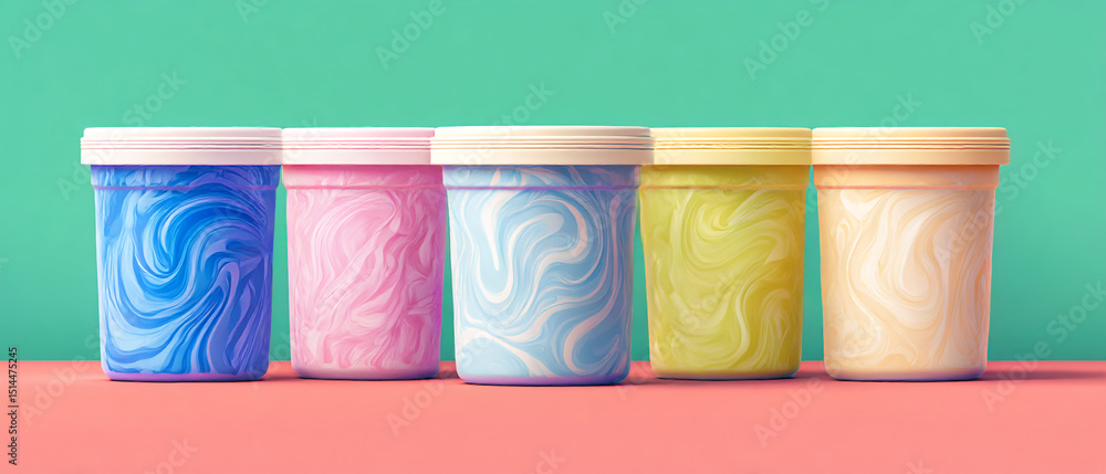 Poster a row of five colorful containers with lids sitting on a pink surface against a teal background
