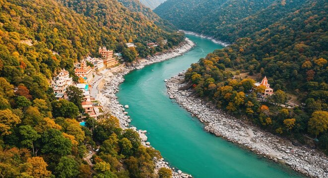 Aerial view of ganges river rishikesh india landscape nature travel tourism asia