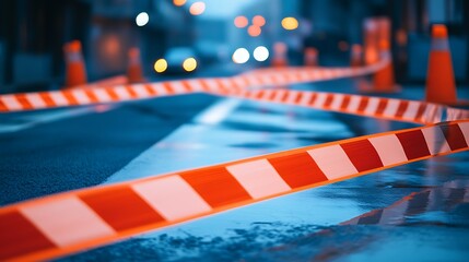 Obraz premium Orange and white barricade tape marking off a wet street at night