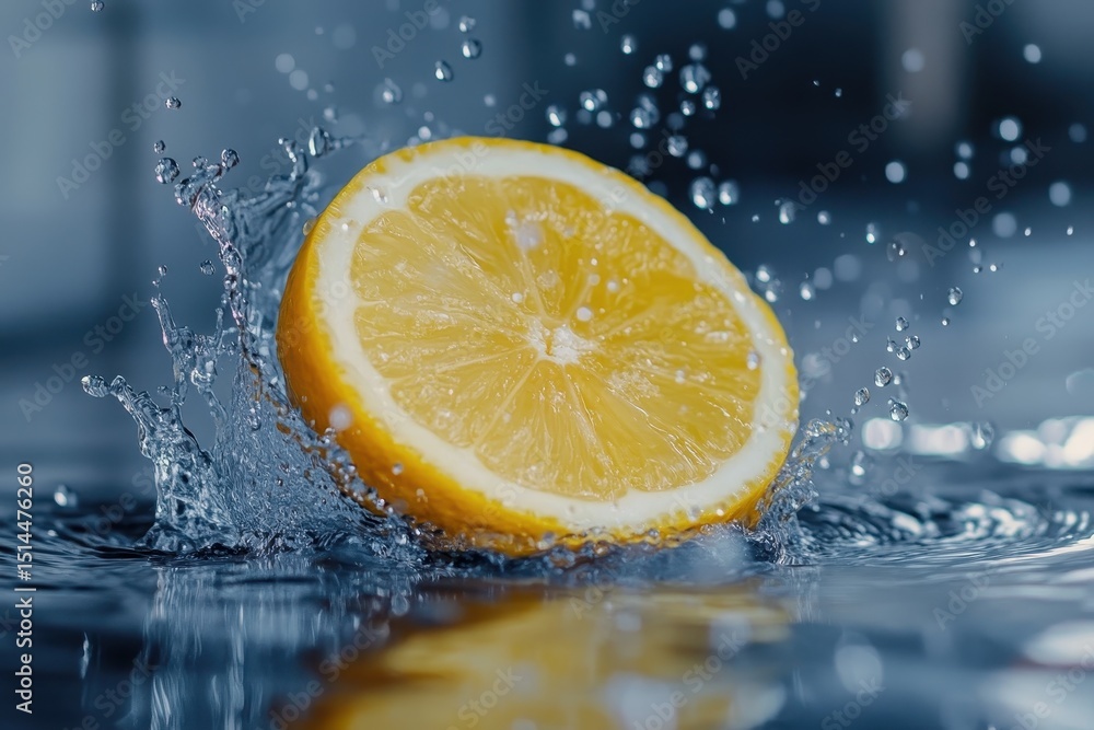 Aufkleber lemon slice splashes into water creating vibrant droplets and ripples, lemon splashing into water, c