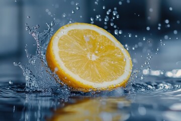 Lemon slice splashes into water creating vibrant droplets and ripples, Lemon splashing into water, creating droplets and ripples