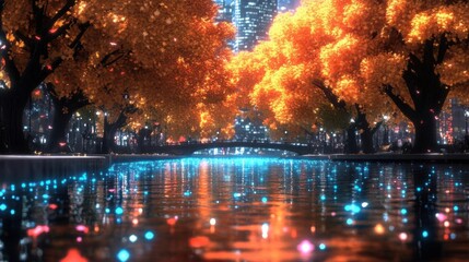Fototapeta premium Autumn Night Cityscape: Canal Reflections
