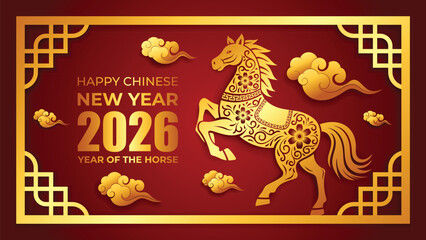 Chinese New Year 2026 Frame, with golden horse sign and frame. Translation : Horse