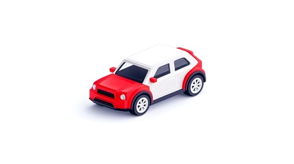 Isometric rendering of a red and white toy car, angled slightly, set against a stark white background