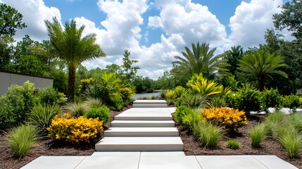 Fototapeta premium Sun-drenched stone steps ascend through a vibrant tropical landscape, leading to a tranquil waterway under a partly cloudy sky
