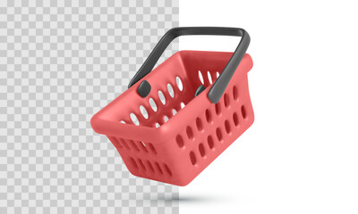 Plakat Plastic Shopping Basket With Black Handles In Isometric 3D Style. Vector Illustration Of Empty Grocery Cart For Supermarket, Retail Store, Market Or E-Commerce Design Project.