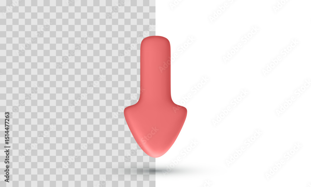 Poster 3d red arrow pointing down with rounded top and sharp tip, isolated on transparent and white backgro