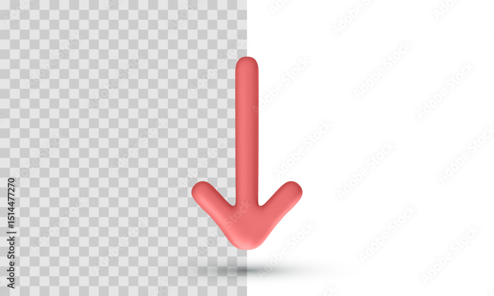 Poster stylized red 3d arrow pointing down with y-shaped tip and long stem, rendered on transparent and whi