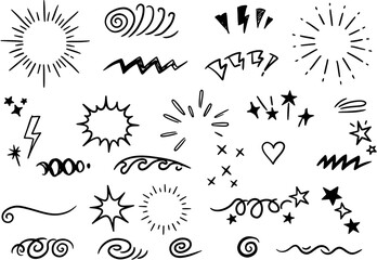 Black doodle illustrations of stars waves spirals and sunbursts
