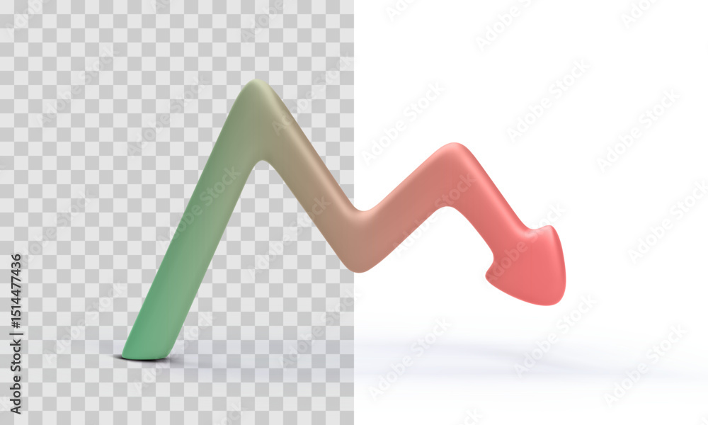 Poster 3d zigzag arrow pointing down with gradient colors on split background. financial crisis symbol repr