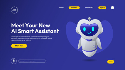 Futuristic AI assistant landing page with chatbot robot, voice input, glowing UI elements and modern interface. Friendly design for websites, apps, or tech startups.