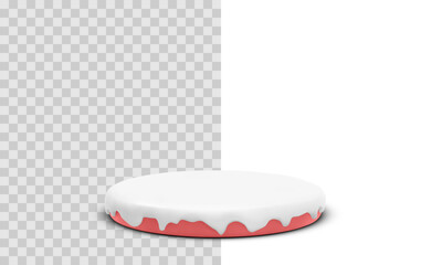 Christmas Podium With Melting Snow On Top In 3D Style, Red Base And White Frosted Surface, Perfect For Holiday Mockups, Festive Display Scenes Or Winter Product Presentation. Vector Illustration