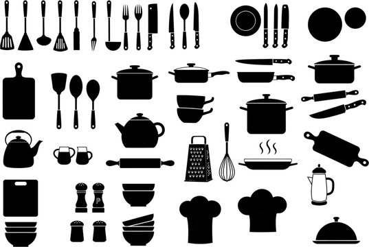 Black silhouette kitchen utensils  cookware knives pots cutting boards bowls kettles  more