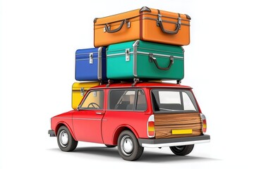 A red vintage station wagon is overloaded with colorful suitcases on its roof, ready for a journey. The image is set against a plain white background, creating a clean, vibrant composition. 