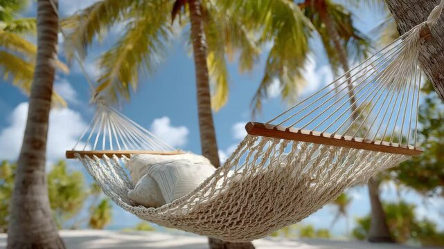 Cozy hammock sways gently between palm trees, inviting outdoor relaxation in tropical nature paradise under bright blue sky.