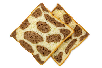 Two captivating slices of novelty bread, featuring a distinctive brown and light-colored giraffe or leopard print pattern, are perfectly isolated against a pristine white background.