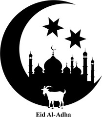 Eid AlAdha graphic with mosque silhouette moon stars  goat